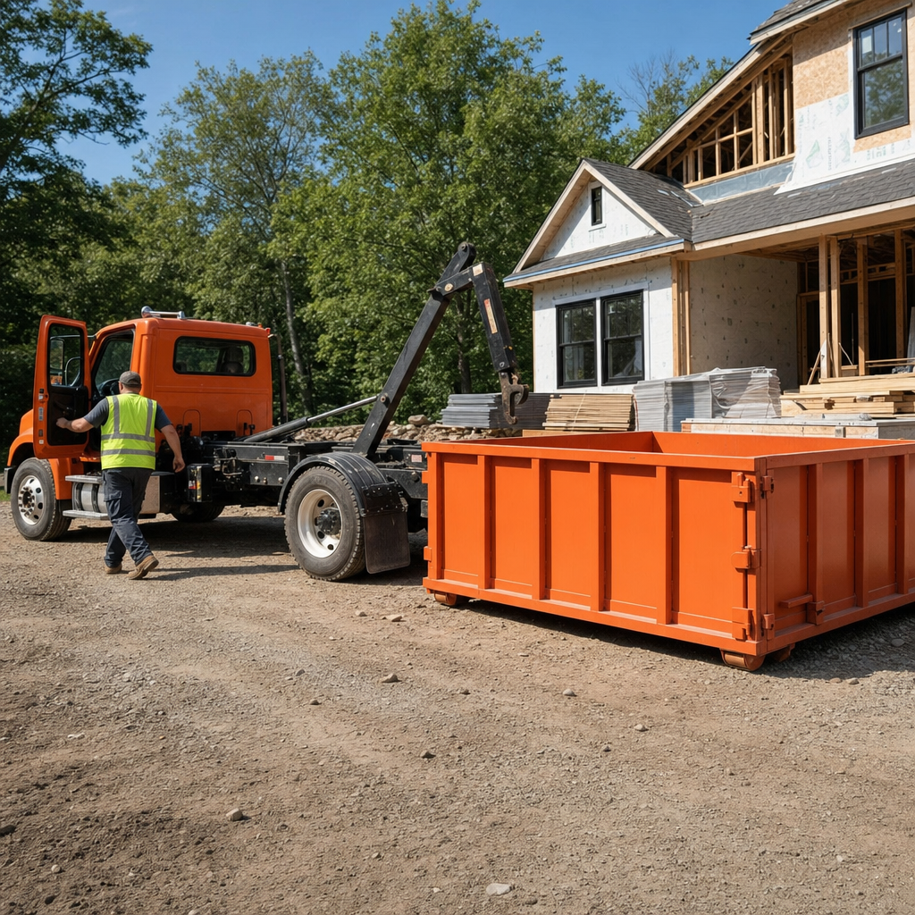 Delivery worker stepping down from a roll-off truck beside a freshly placed orange dumpster at a construction jobsite