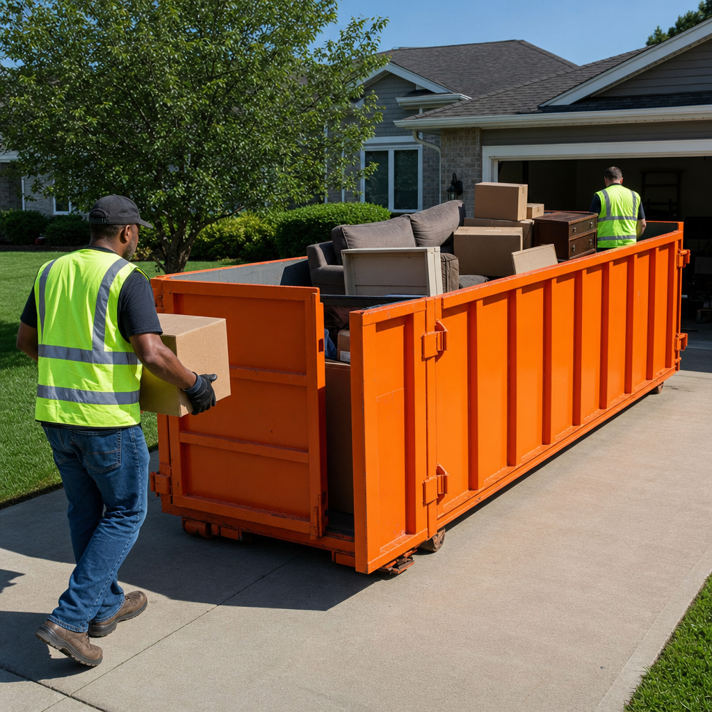 Orange roll-off dumpster on a residential driveway with household boxes and furniture being loaded by a hi-vis crew