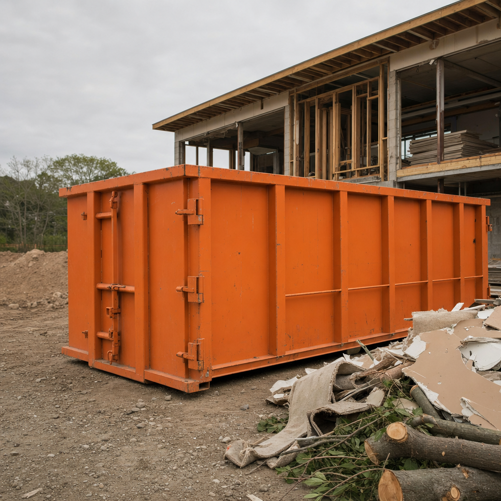 Safety-orange roll-off dumpster at an active construction and renovation jobsite, staged cleanup debris nearby